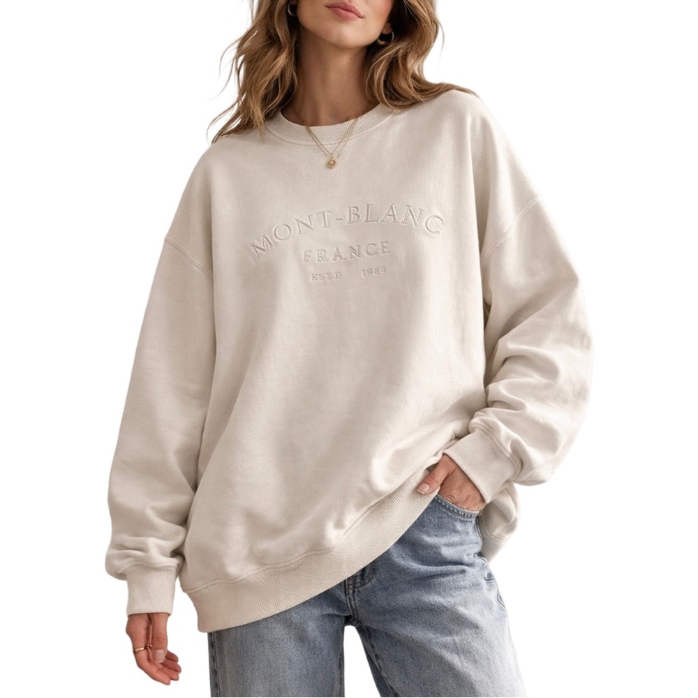 Montblanc Style Oversized Embroidered Logo Sweatshirt Sand Neutral Crewneck – M